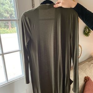 Really long dark olive duster with pockets